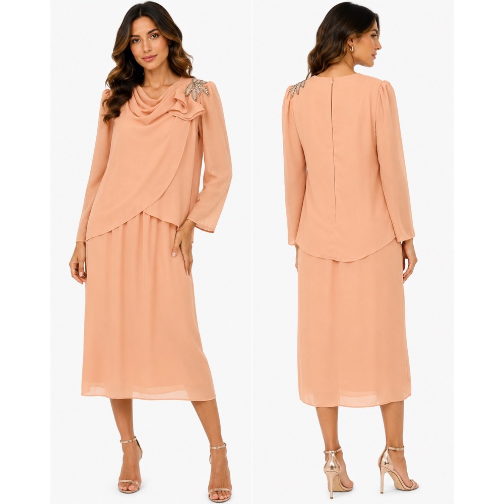 Vintage Draped Rhinestone Midi Dress Womens 10 Peach Long Sleeve Formal Cocktail